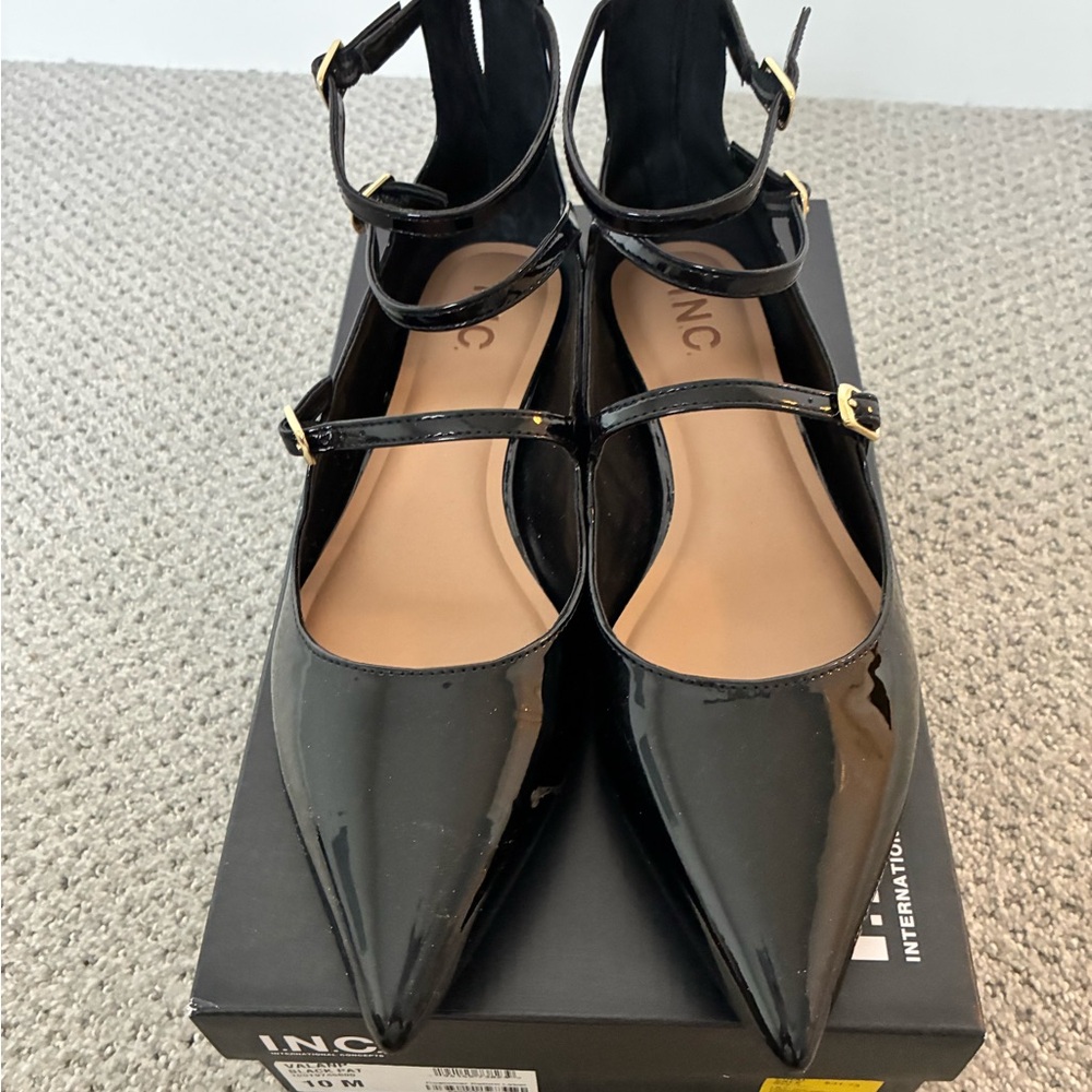 INC International Concepts Women's Black Patent Flats with Ankle Straps